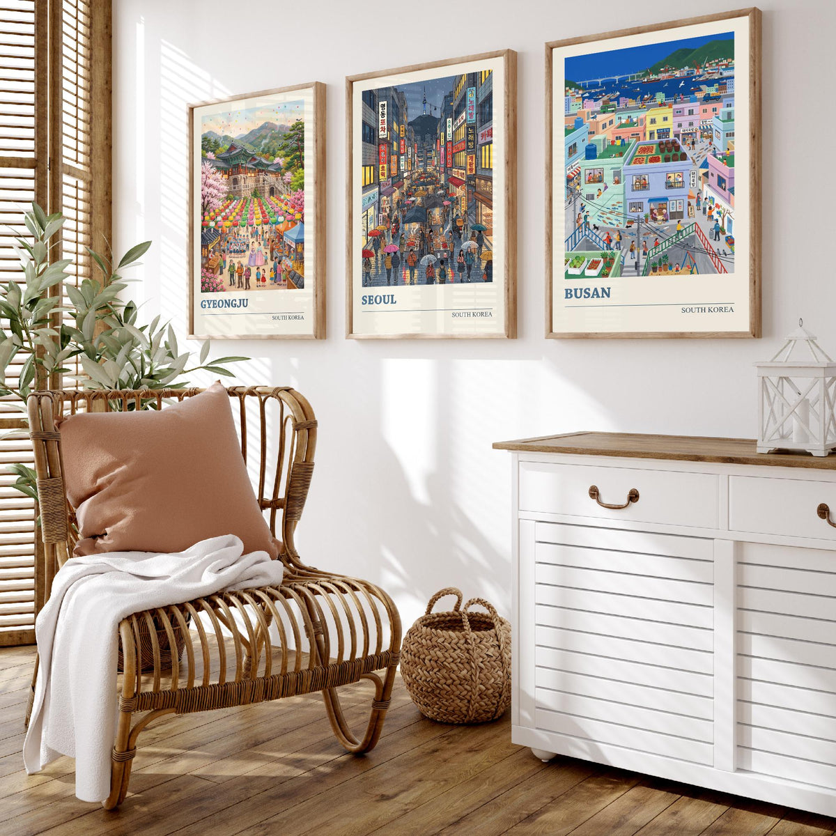 South Korea Set of Three Art Prints - Gyeongju, Seoul, Busan - 3 Colourful Folk Illustration Travel Posters - Korean Painting