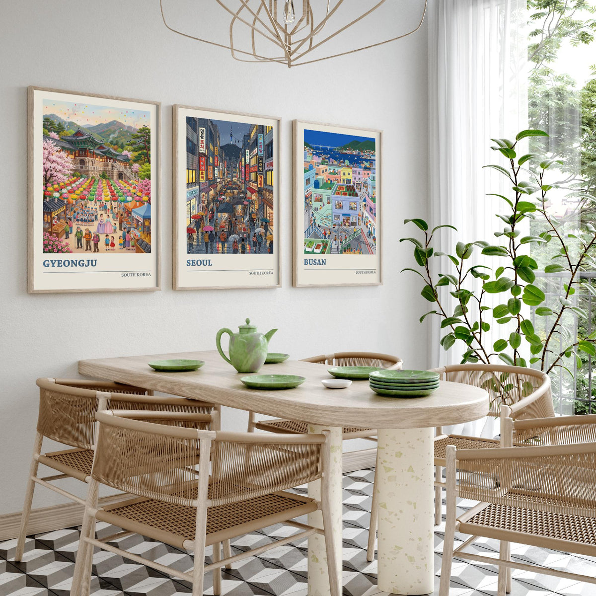 South Korea Set of Three Art Prints - Gyeongju, Seoul, Busan - 3 Colourful Folk Illustration Travel Posters - Korean Painting