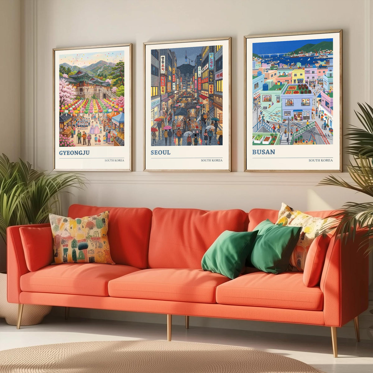 South Korea Set of Three Art Prints - Gyeongju, Seoul, Busan - 3 Colourful Folk Illustration Travel Posters - Korean Painting