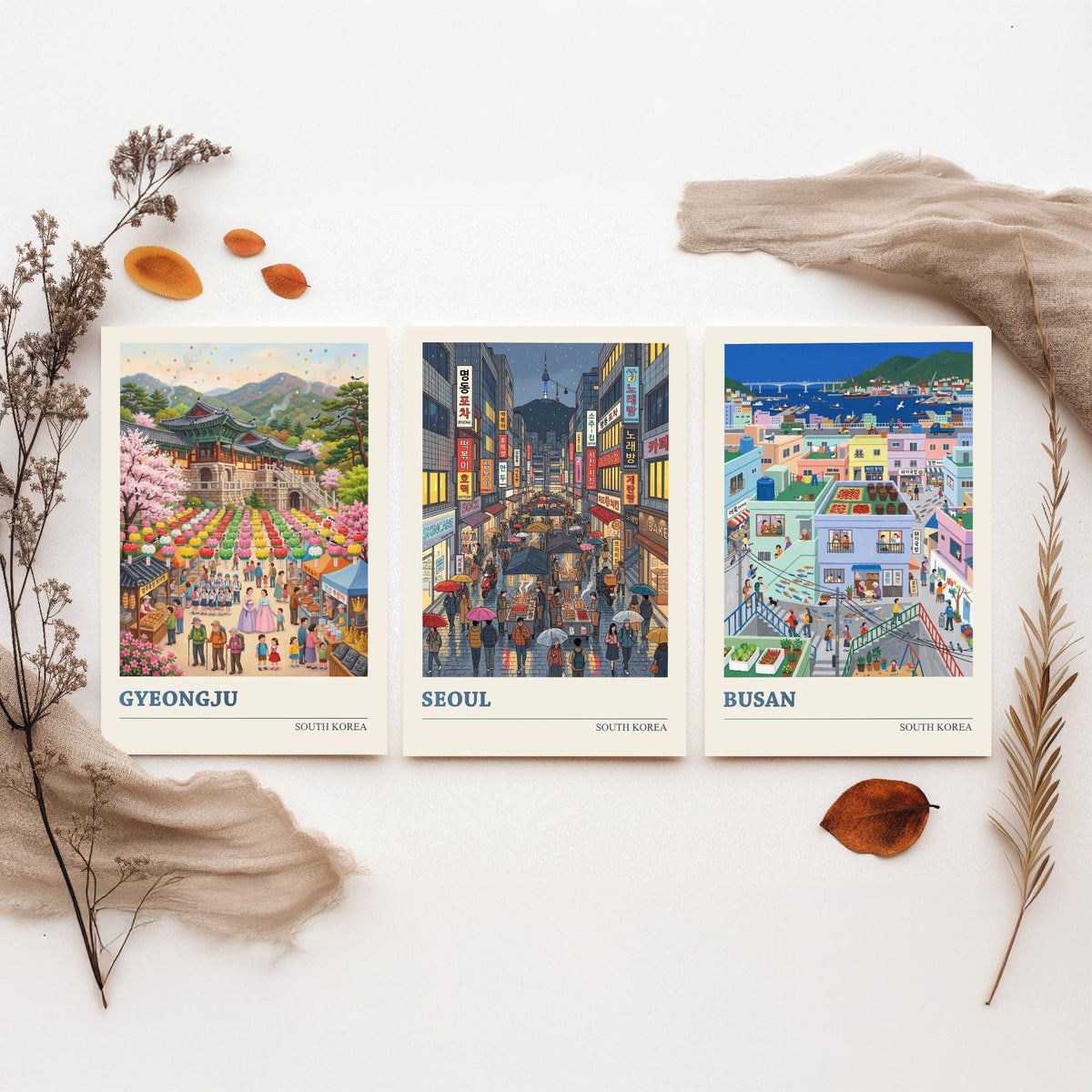 South Korea Set of Three Art Prints - Gyeongju, Seoul, Busan - 3 Colourful Folk Illustration Travel Posters - Korean Painting