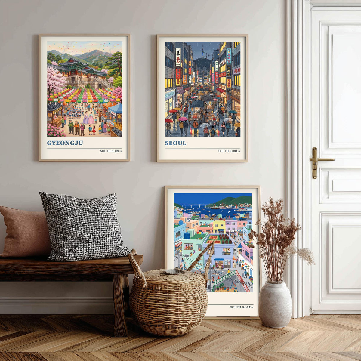 South Korea Set of Three Art Prints - Gyeongju, Seoul, Busan - 3 Colourful Folk Illustration Travel Posters - Korean Painting