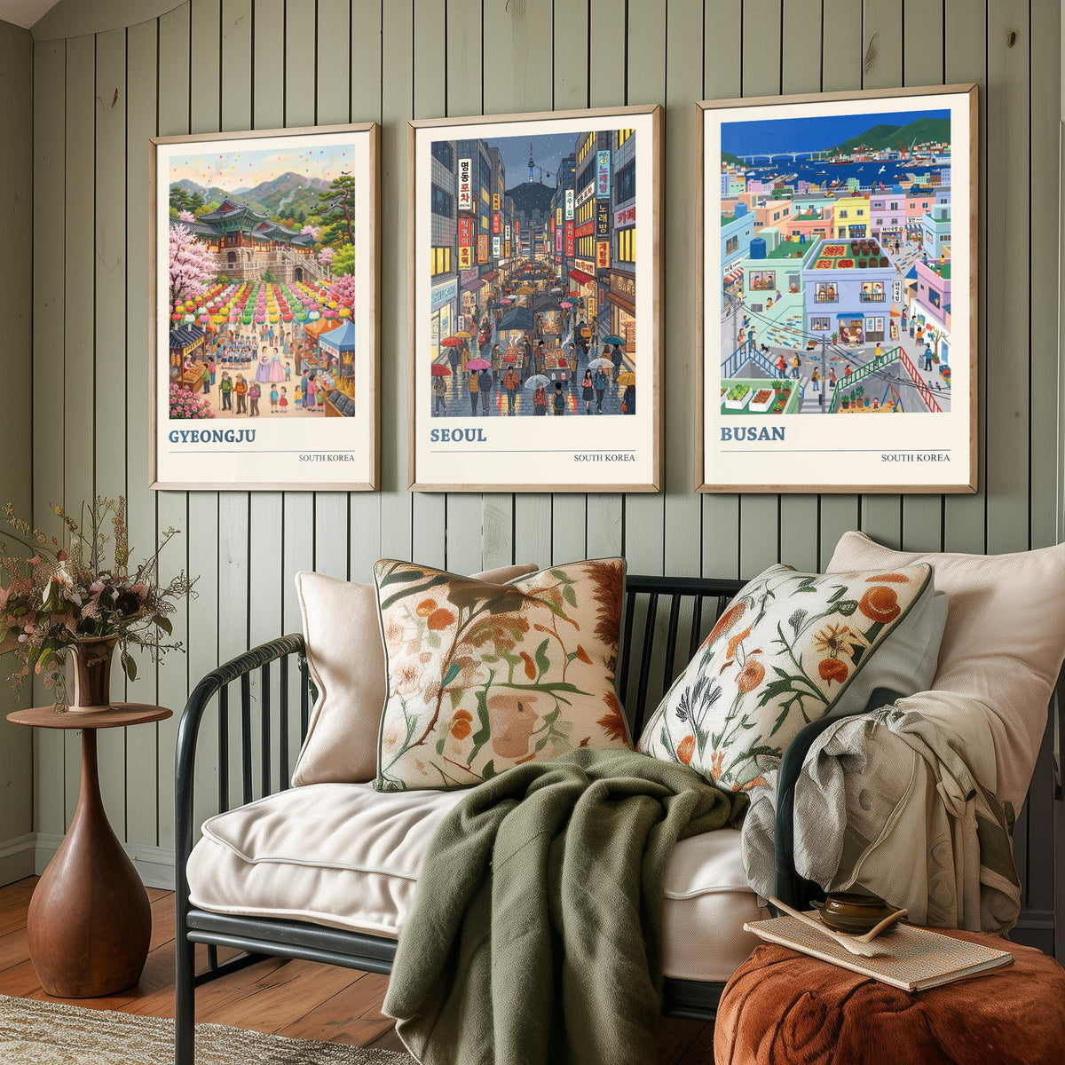South Korea Set of Three Art Prints - Gyeongju, Seoul, Busan - 3 Colourful Folk Illustration Travel Posters - Korean Painting