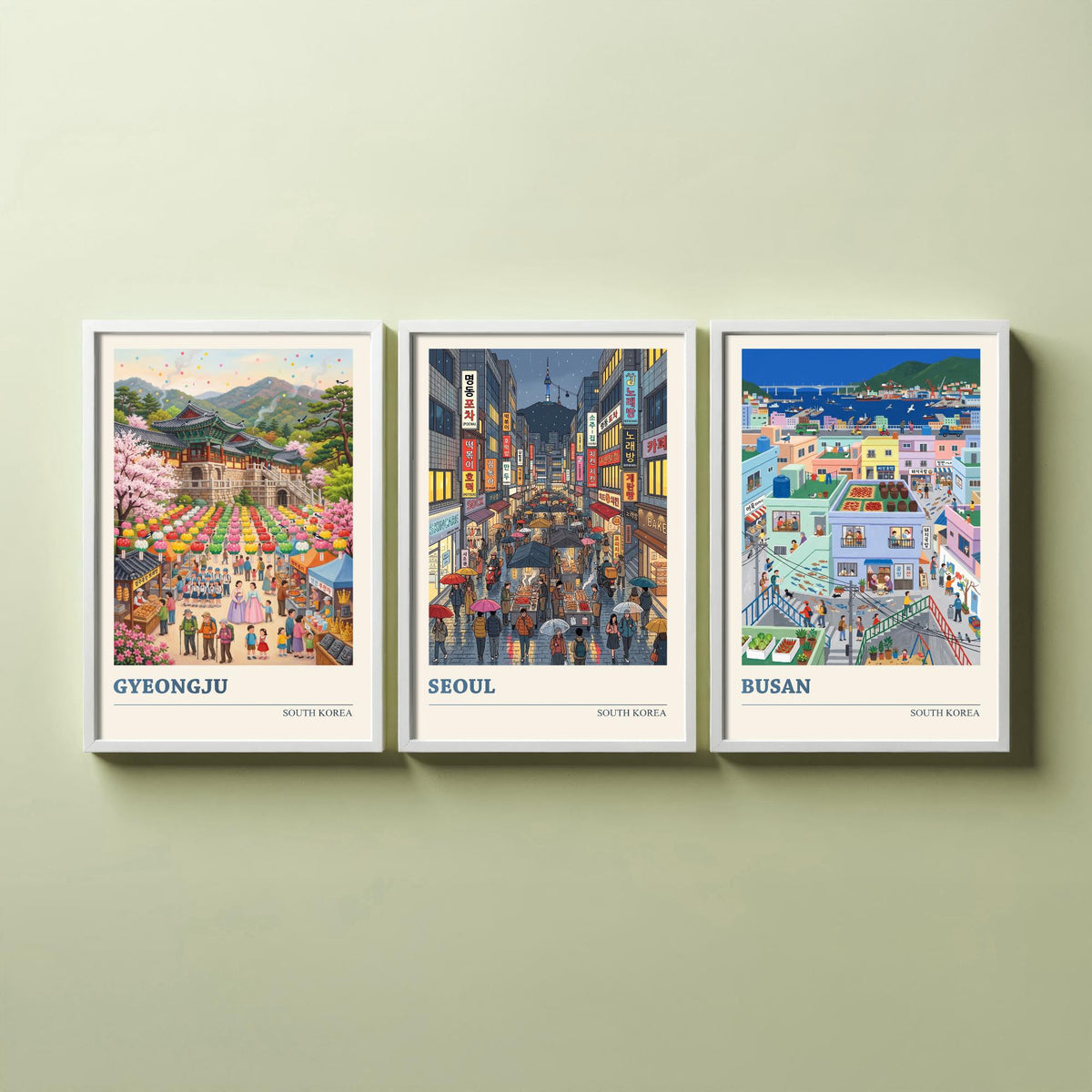South Korea Set of Three Art Prints - Gyeongju, Seoul, Busan - 3 Colourful Folk Illustration Travel Posters - Korean Painting
