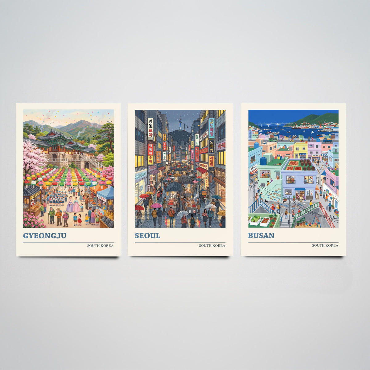 South Korea Set of Three Art Prints - Gyeongju, Seoul, Busan - 3 Colourful Folk Illustration Travel Posters - Korean Painting