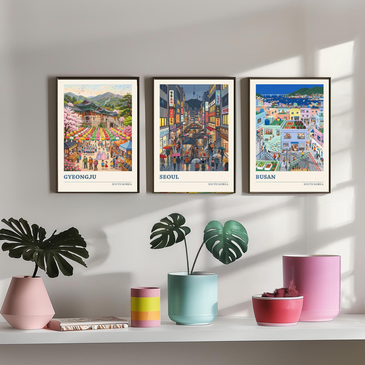 South Korea Set of Three Art Prints - Gyeongju, Seoul, Busan - 3 Colourful Folk Illustration Travel Posters - Korean Painting