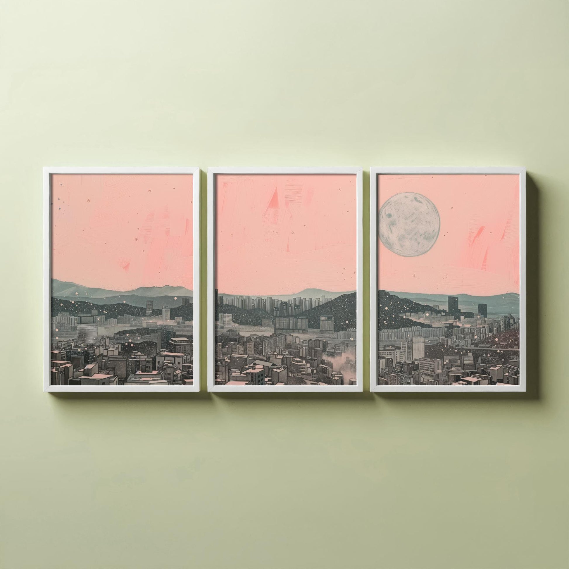 Seoul Skyline Set of Three Art Prints - 3 South Korea City Moon Posters - Pink Grey Cityscape Illustration Wall Art Gift