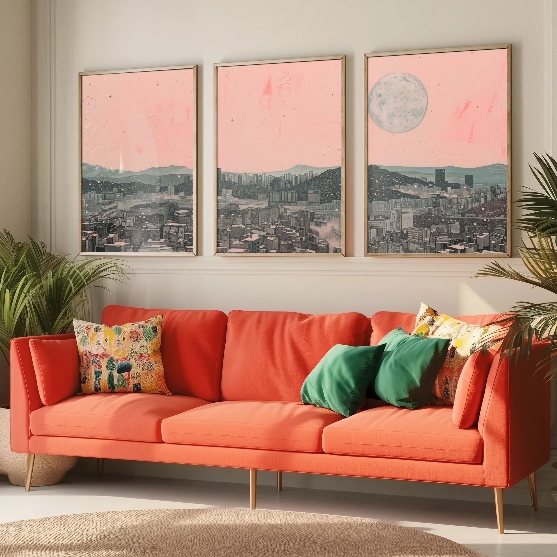 Seoul Skyline Set of Three Art Prints - 3 South Korea City Moon Posters - Pink Grey Cityscape Illustration Wall Art Gift