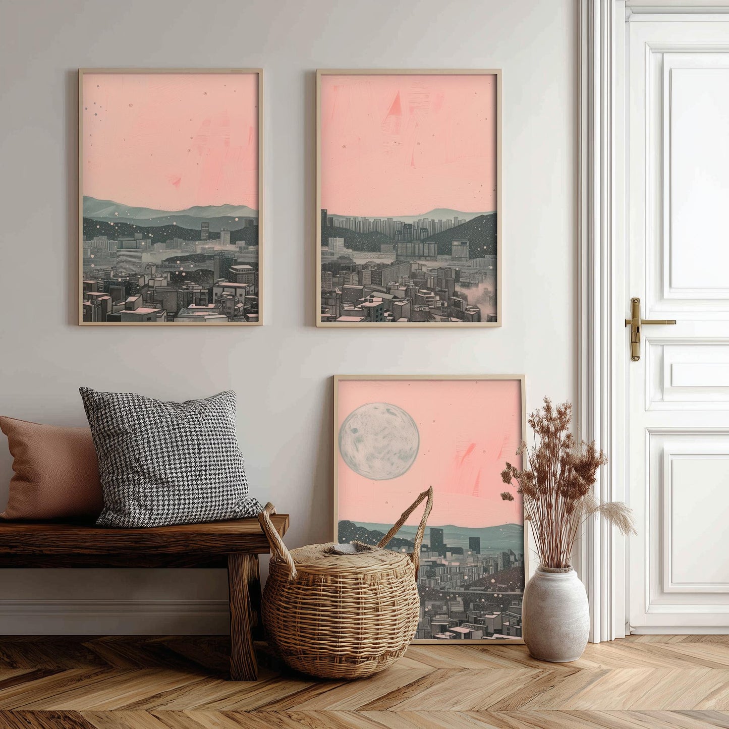 Seoul Skyline Set of Three Art Prints - 3 South Korea City Moon Posters - Pink Grey Cityscape Illustration Wall Art Gift