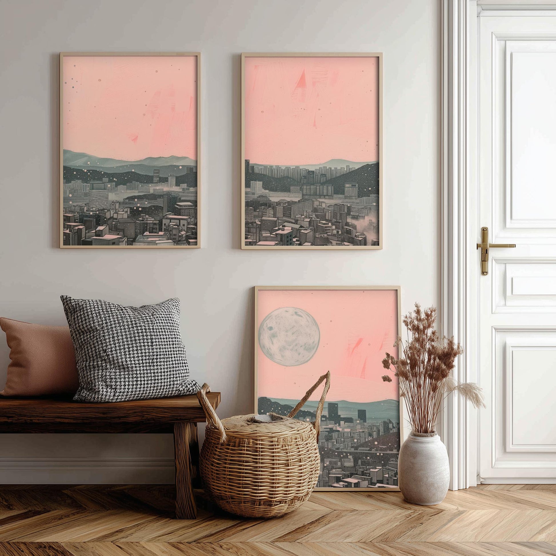 Seoul Skyline Set of Three Art Prints - 3 South Korea City Moon Posters - Pink Grey Cityscape Illustration Wall Art Gift