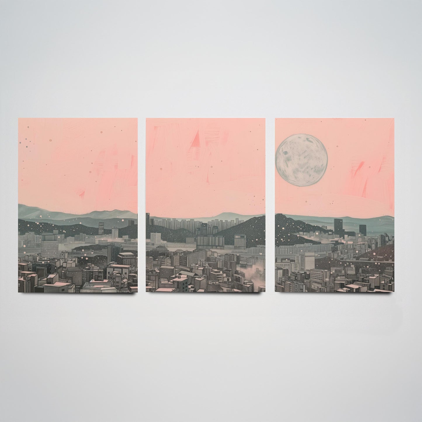 Seoul Skyline Set of Three Art Prints - 3 South Korea City Moon Posters - Pink Grey Cityscape Illustration Wall Art Gift