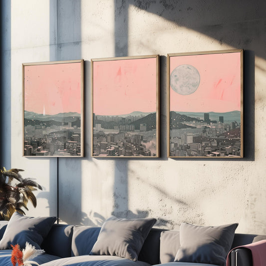 Seoul Skyline Set of Three Art Prints - 3 South Korea City Moon Posters - Pink Grey Cityscape Illustration Wall Art Gift
