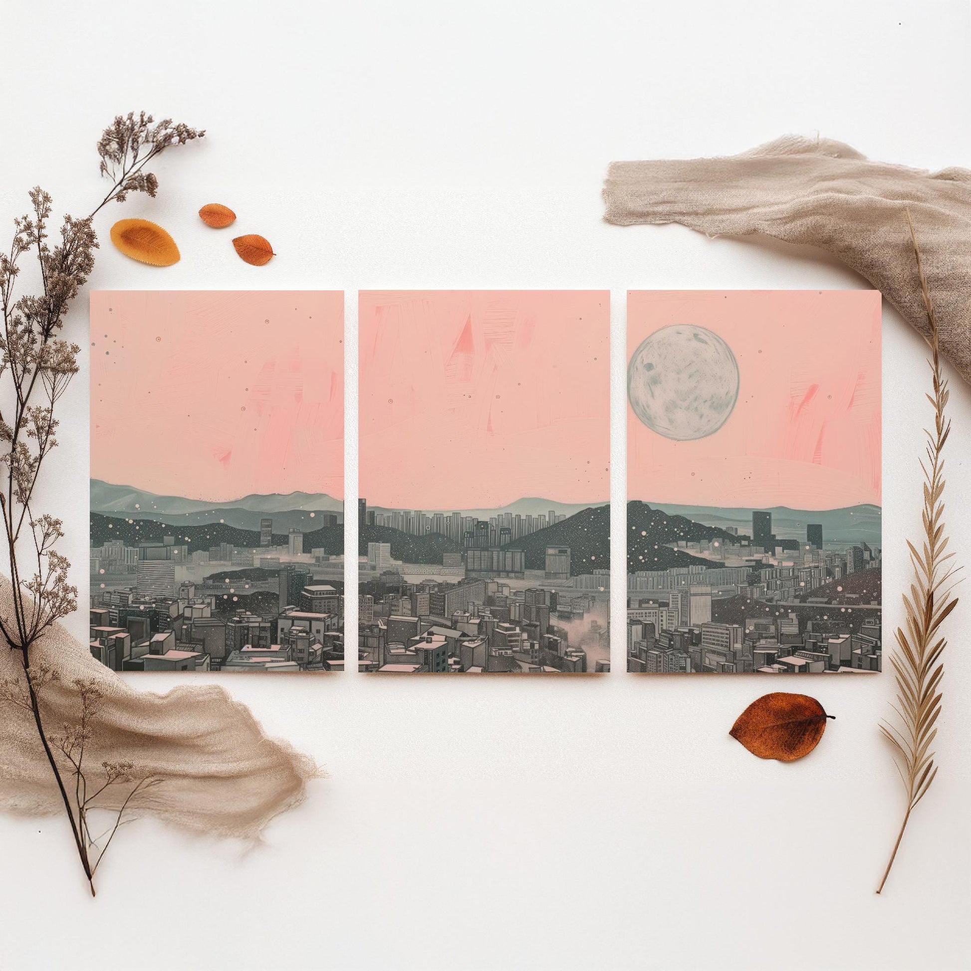Seoul Skyline Set of Three Art Prints - 3 South Korea City Moon Posters - Pink Grey Cityscape Illustration Wall Art Gift