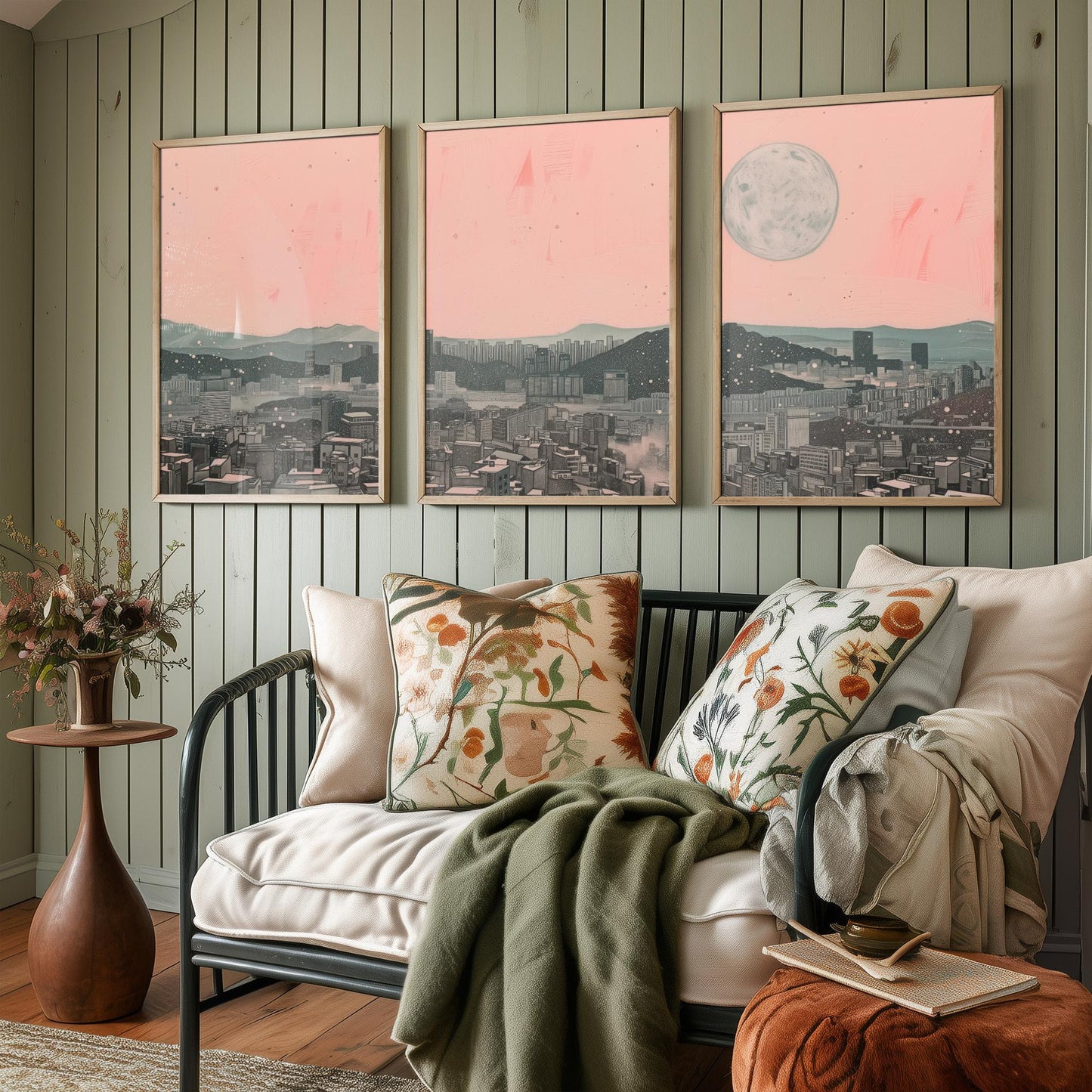 Seoul Skyline Set of Three Art Prints - 3 South Korea City Moon Posters - Pink Grey Cityscape Illustration Wall Art Gift