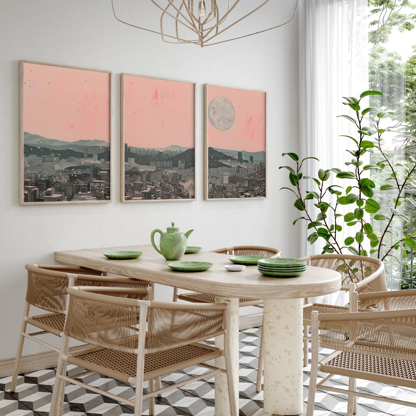 Seoul Skyline Set of Three Art Prints - 3 South Korea City Moon Posters - Pink Grey Cityscape Illustration Wall Art Gift
