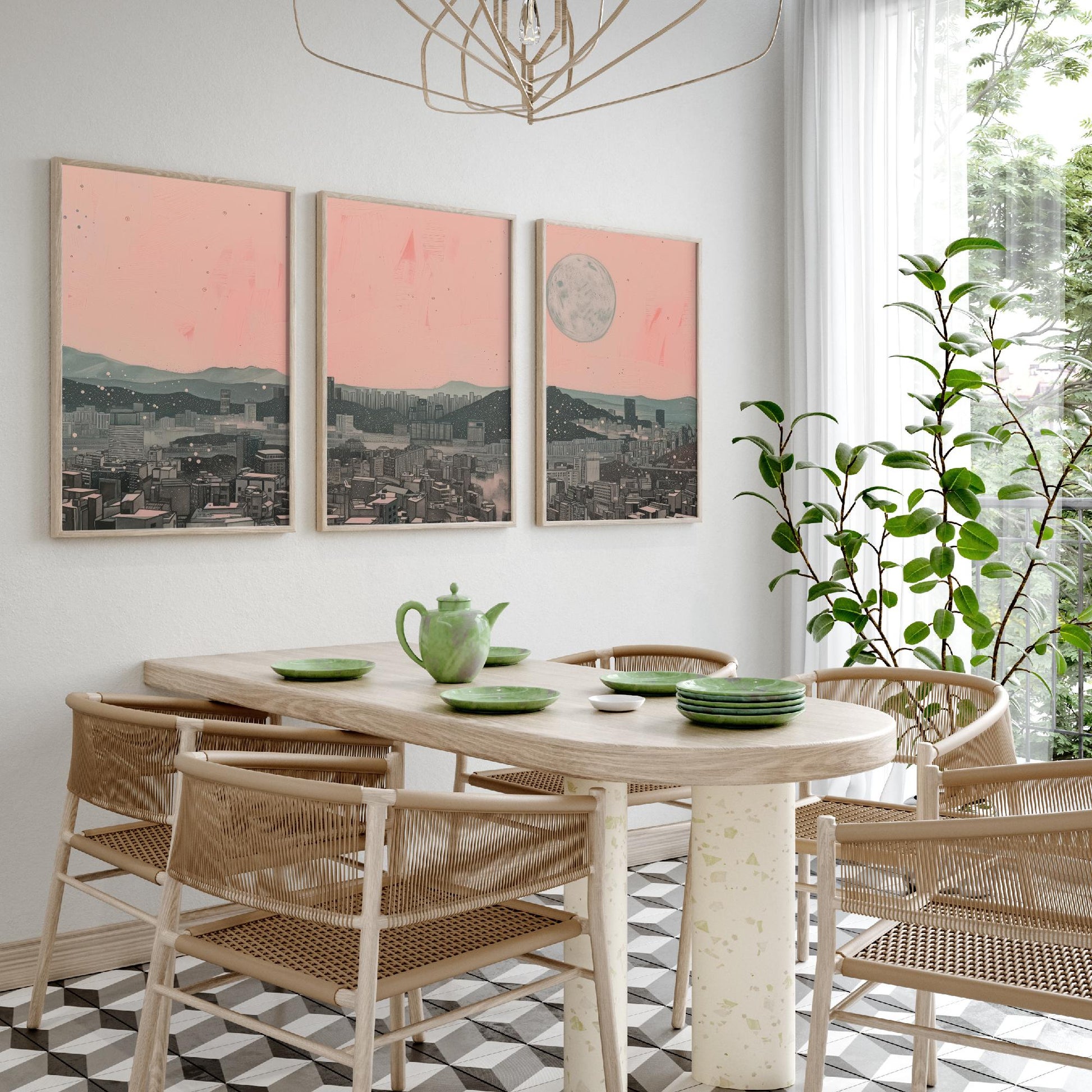 Seoul Skyline Set of Three Art Prints - 3 South Korea City Moon Posters - Pink Grey Cityscape Illustration Wall Art Gift
