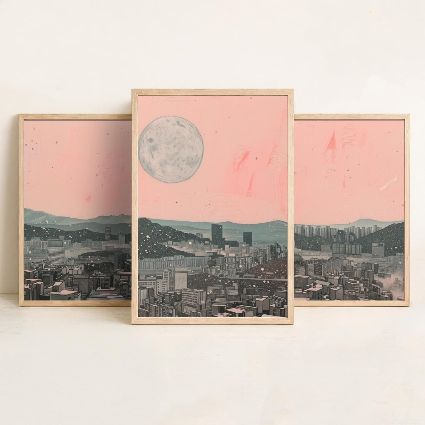 Seoul Skyline Set of Three Art Prints - 3 South Korea City Moon Posters - Pink Grey Cityscape Illustration Wall Art Gift