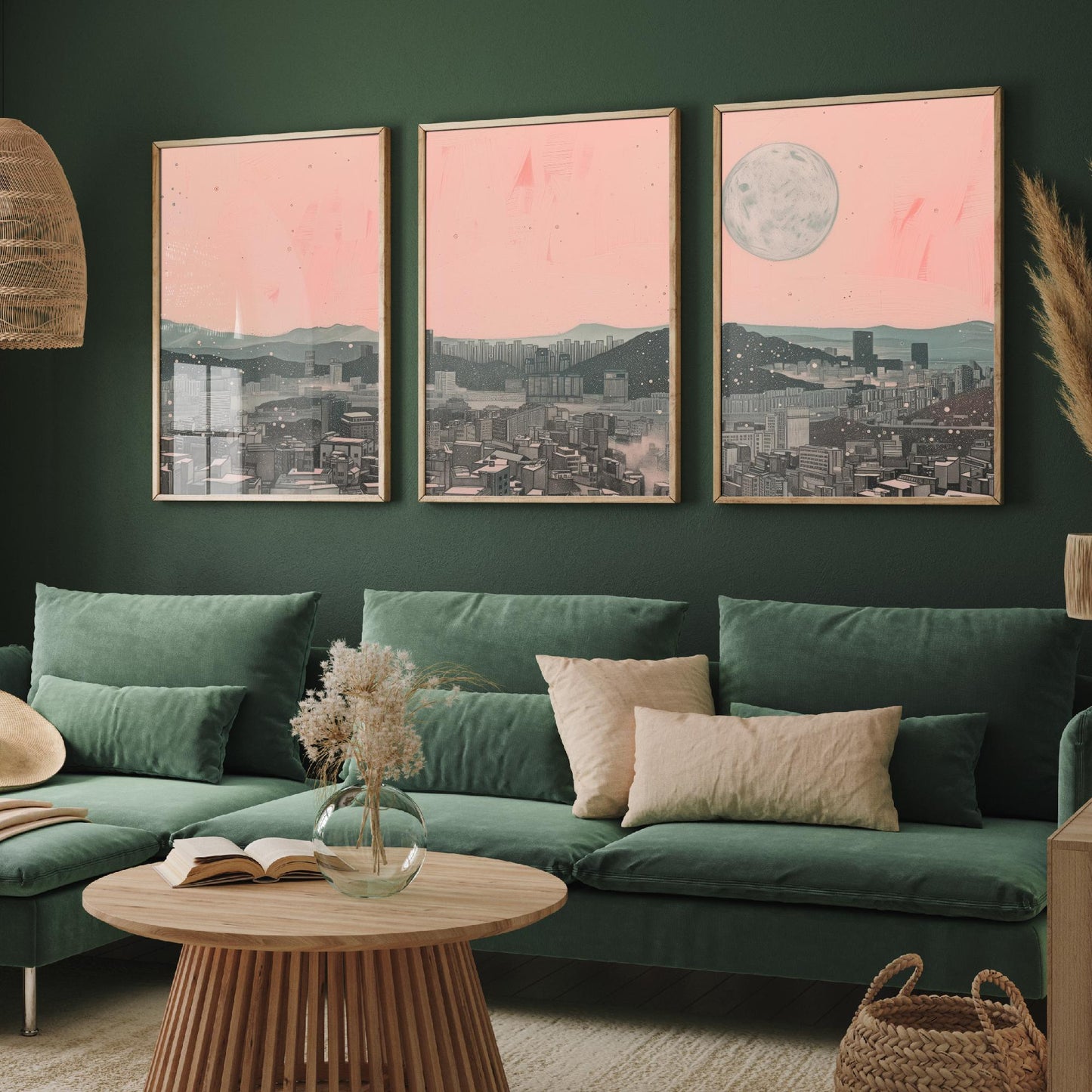 Seoul Skyline Set of Three Art Prints - 3 South Korea City Moon Posters - Pink Grey Cityscape Illustration Wall Art Gift