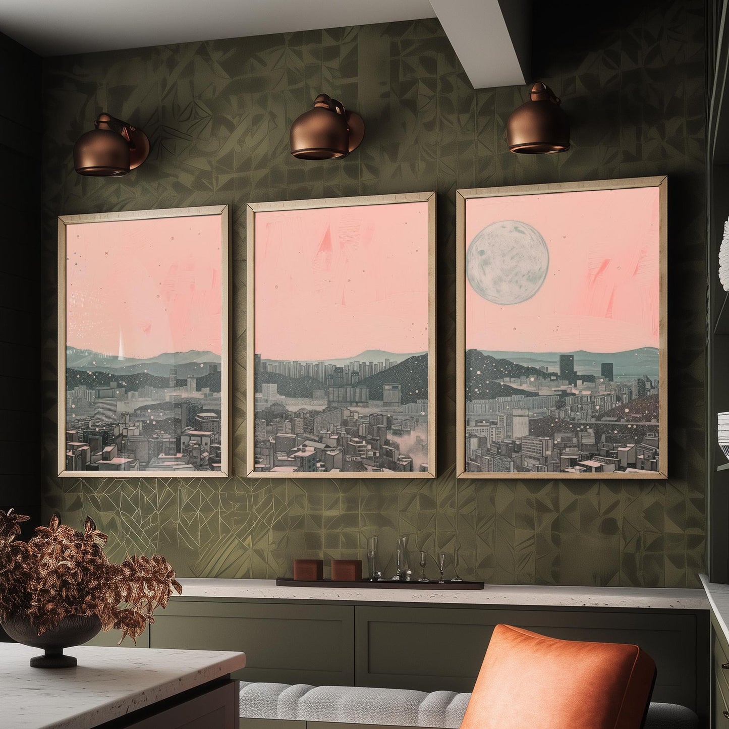 Seoul Skyline Set of Three Art Prints - 3 South Korea City Moon Posters - Pink Grey Cityscape Illustration Wall Art Gift