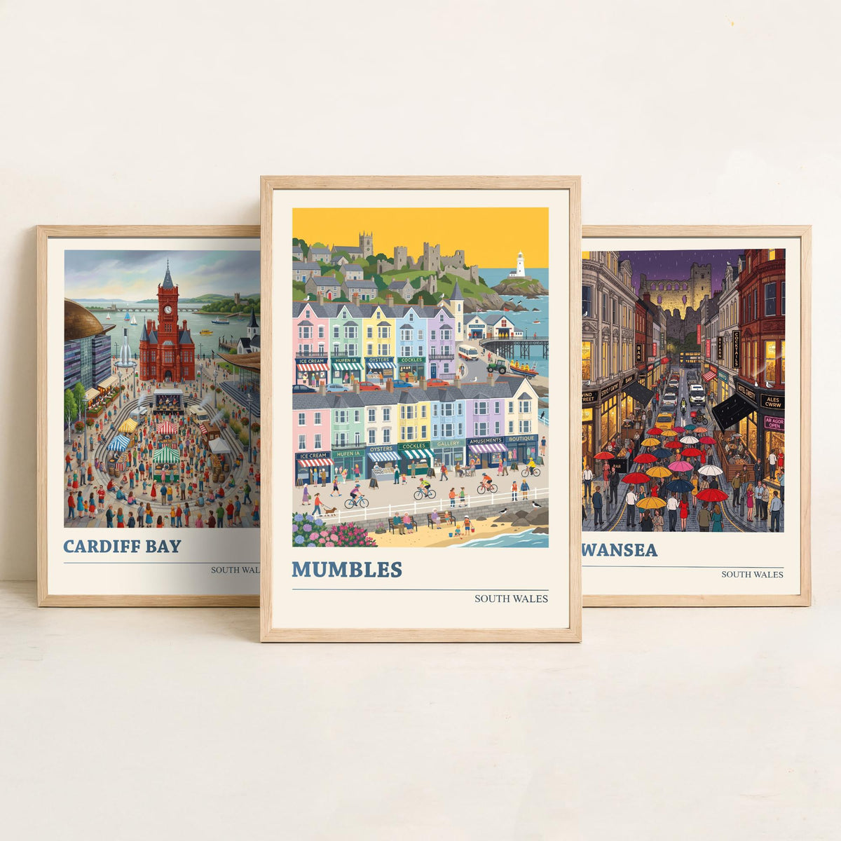 South Wales Set of Three Art Prints - Cardiff Bay, Swansea, Mumbles - 3 Colourful Folk Illustration Travel Posters - Welsh Painting