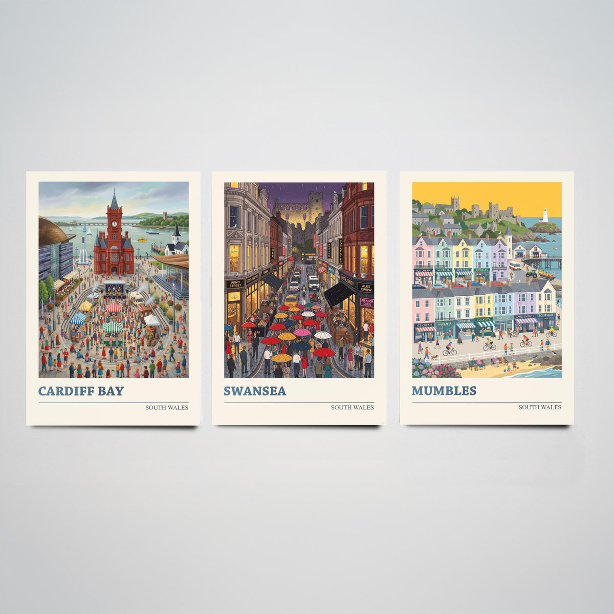 South Wales Set of Three Art Prints - Cardiff Bay, Swansea, Mumbles - 3 Colourful Folk Illustration Travel Posters - Welsh Painting