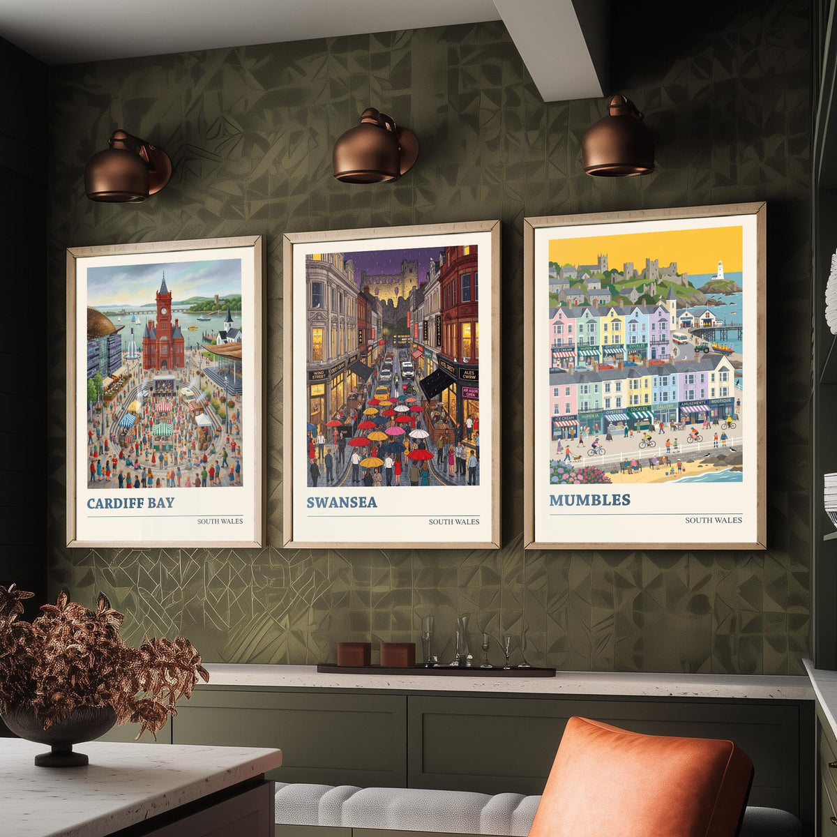 South Wales Set of Three Art Prints - Cardiff Bay, Swansea, Mumbles - 3 Colourful Folk Illustration Travel Posters - Welsh Painting