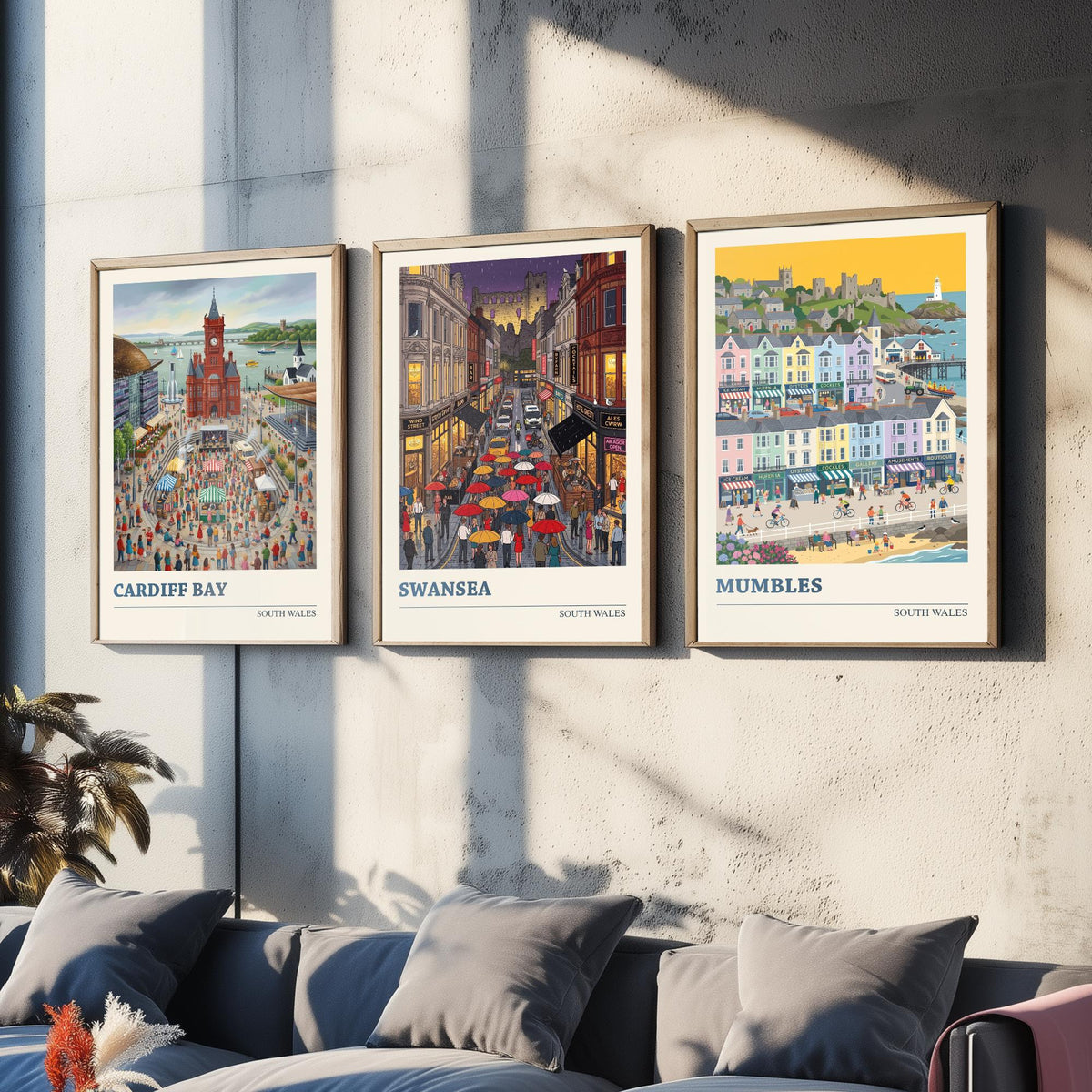 South Wales Set of Three Art Prints - Cardiff Bay, Swansea, Mumbles - 3 Colourful Folk Illustration Travel Posters - Welsh Painting