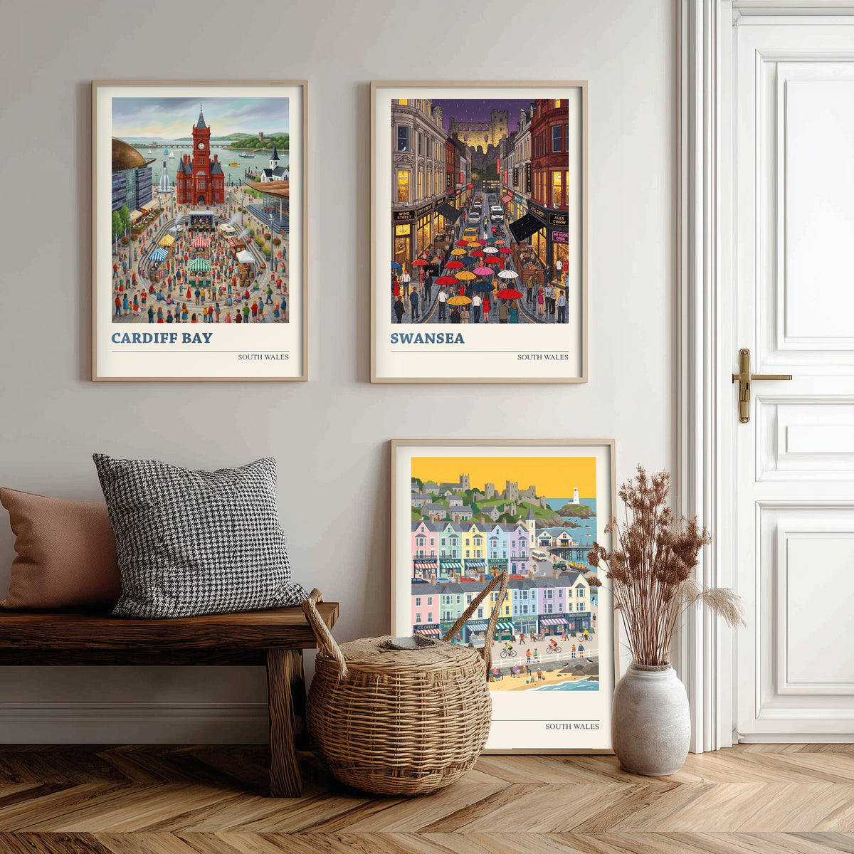 South Wales Set of Three Art Prints - Cardiff Bay, Swansea, Mumbles - 3 Colourful Folk Illustration Travel Posters - Welsh Painting