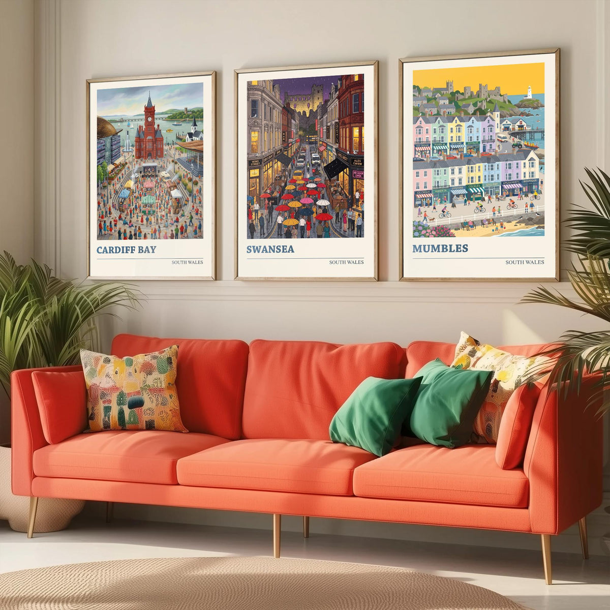 South Wales Set of Three Art Prints - Cardiff Bay, Swansea, Mumbles - 3 Colourful Folk Illustration Travel Posters - Welsh Painting