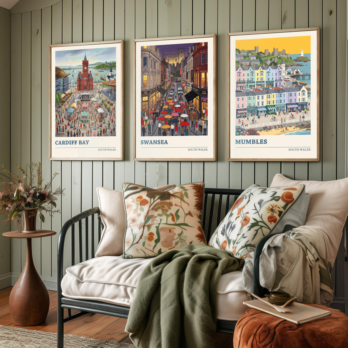 South Wales Set of Three Art Prints - Cardiff Bay, Swansea, Mumbles - 3 Colourful Folk Illustration Travel Posters - Welsh Painting