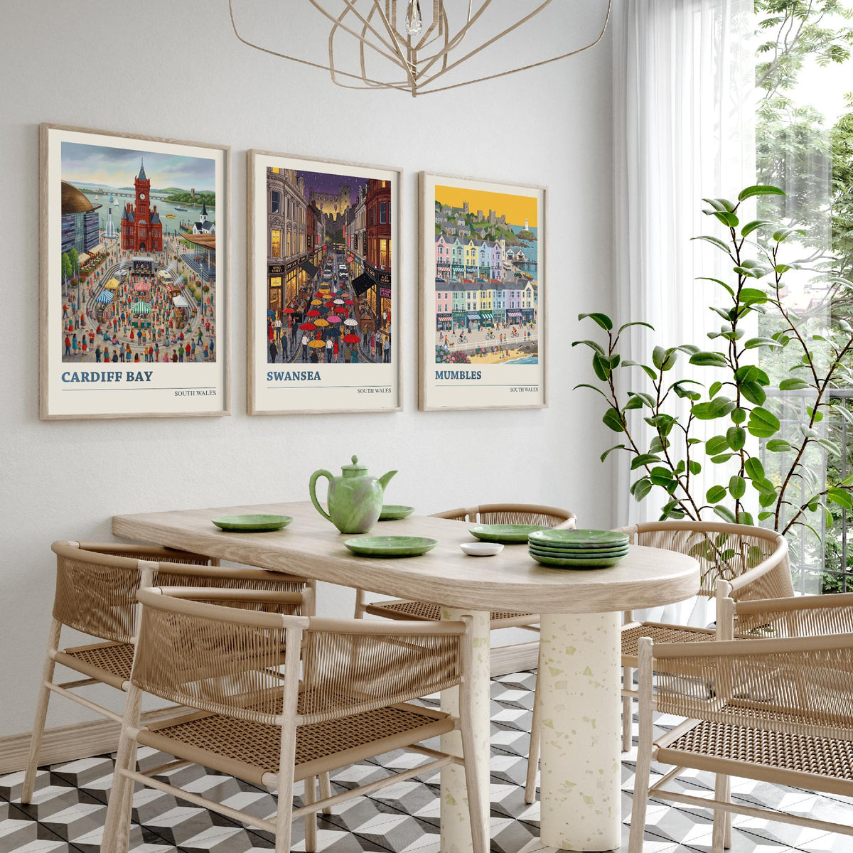 South Wales Set of Three Art Prints - Cardiff Bay, Swansea, Mumbles - 3 Colourful Folk Illustration Travel Posters - Welsh Painting
