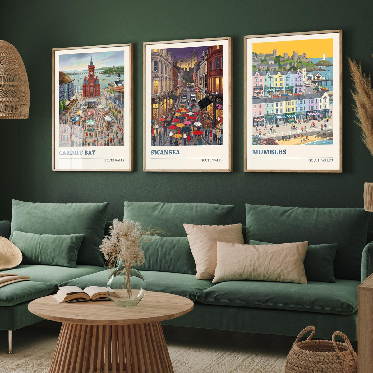 South Wales Set of Three Art Prints - Cardiff Bay, Swansea, Mumbles - 3 Colourful Folk Illustration Travel Posters - Welsh Painting