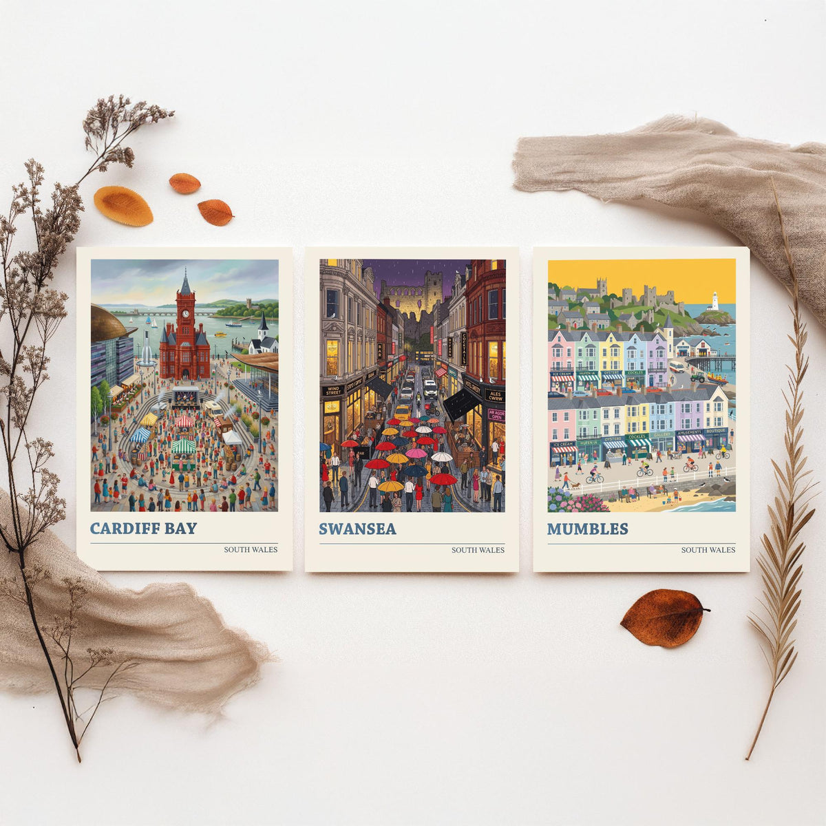 South Wales Set of Three Art Prints - Cardiff Bay, Swansea, Mumbles - 3 Colourful Folk Illustration Travel Posters - Welsh Painting