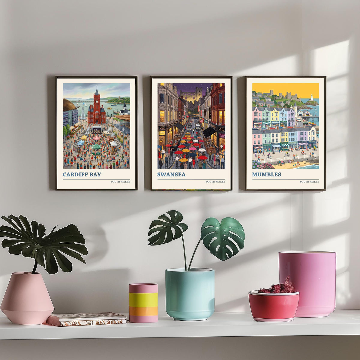 South Wales Set of Three Art Prints - Cardiff Bay, Swansea, Mumbles - 3 Colourful Folk Illustration Travel Posters - Welsh Painting