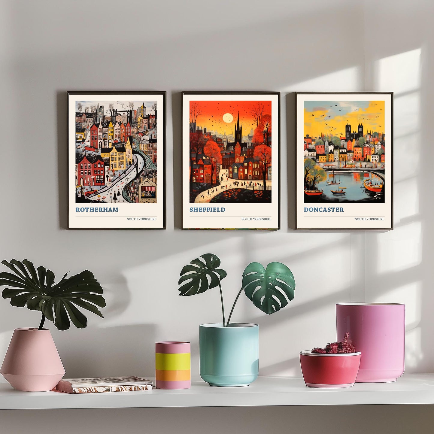 South Yorkshire Set of Three Art Prints - 3 Rotherham Sheffield Doncaster Posters - Naive Folk Art Town Illustration Wall Art