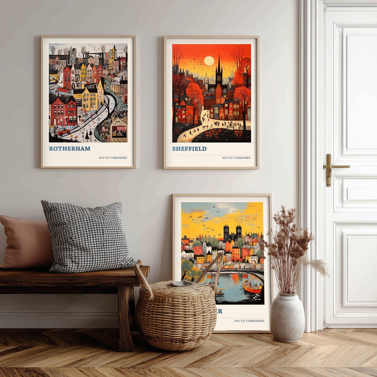 South Yorkshire Set of Three Art Prints - 3 Rotherham Sheffield Doncaster Posters - Naive Folk Art Town Illustration Wall Art