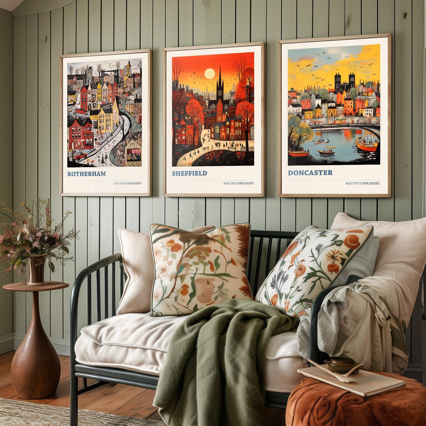 South Yorkshire Set of Three Art Prints - 3 Rotherham Sheffield Doncaster Posters - Naive Folk Art Town Illustration Wall Art