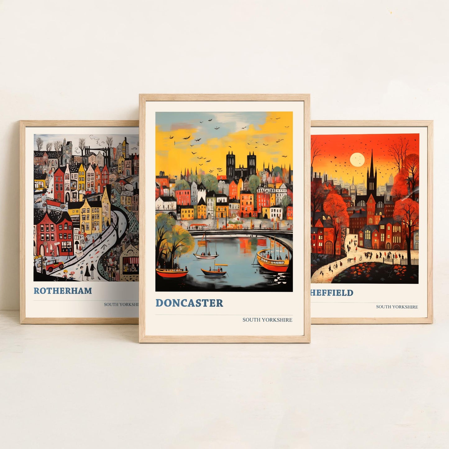South Yorkshire Set of Three Art Prints - 3 Rotherham Sheffield Doncaster Posters - Naive Folk Art Town Illustration Wall Art