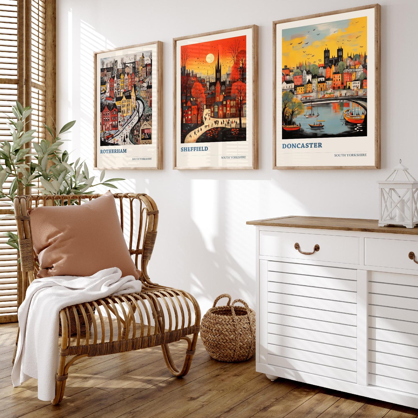 South Yorkshire Set of Three Art Prints - 3 Rotherham Sheffield Doncaster Posters - Naive Folk Art Town Illustration Wall Art
