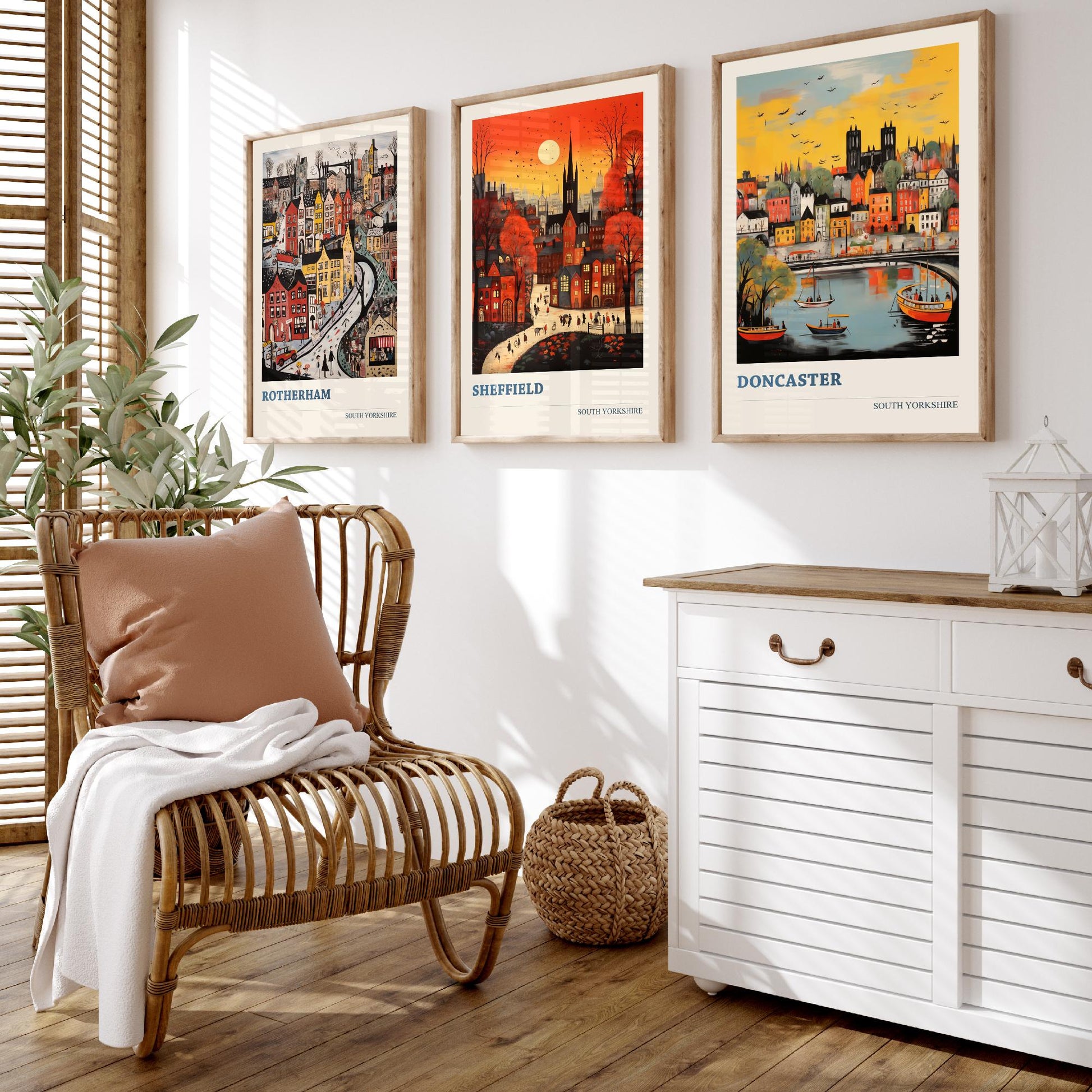 South Yorkshire Set of Three Art Prints - 3 Rotherham Sheffield Doncaster Posters - Naive Folk Art Town Illustration Wall Art