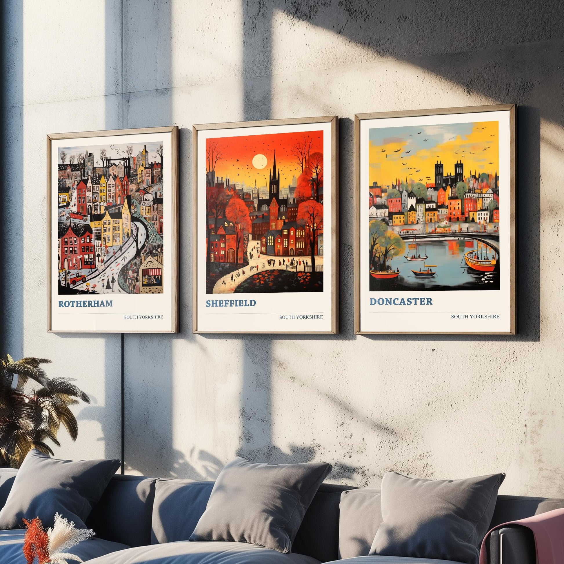 South Yorkshire Set of Three Art Prints - 3 Rotherham Sheffield Doncaster Posters - Naive Folk Art Town Illustration Wall Art