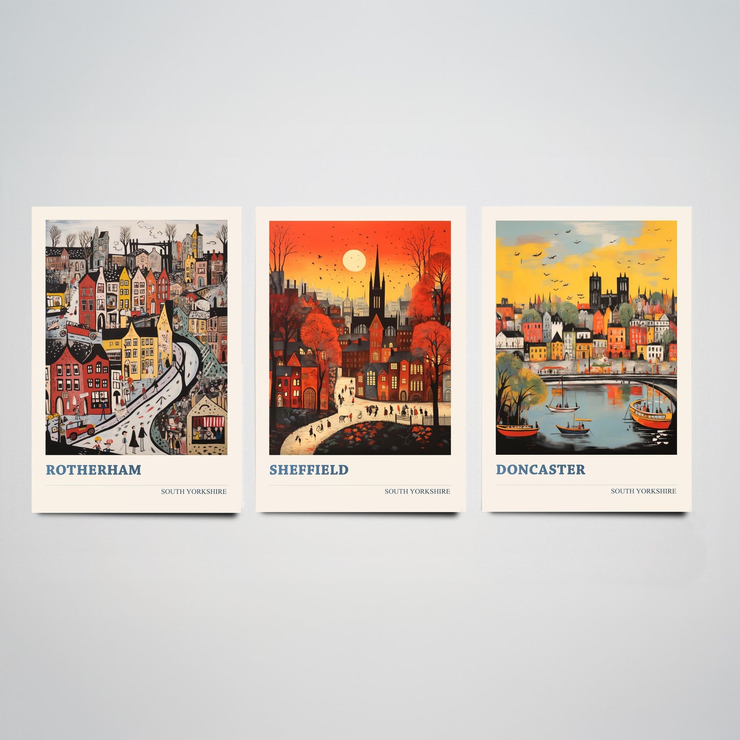 South Yorkshire Set of Three Art Prints - 3 Rotherham Sheffield Doncaster Posters - Naive Folk Art Town Illustration Wall Art