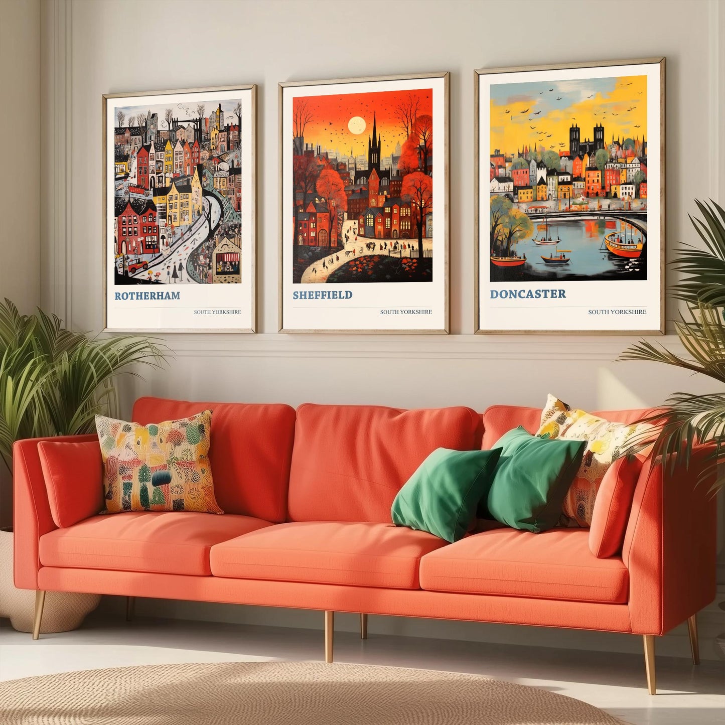 South Yorkshire Set of Three Art Prints - 3 Rotherham Sheffield Doncaster Posters - Naive Folk Art Town Illustration Wall Art