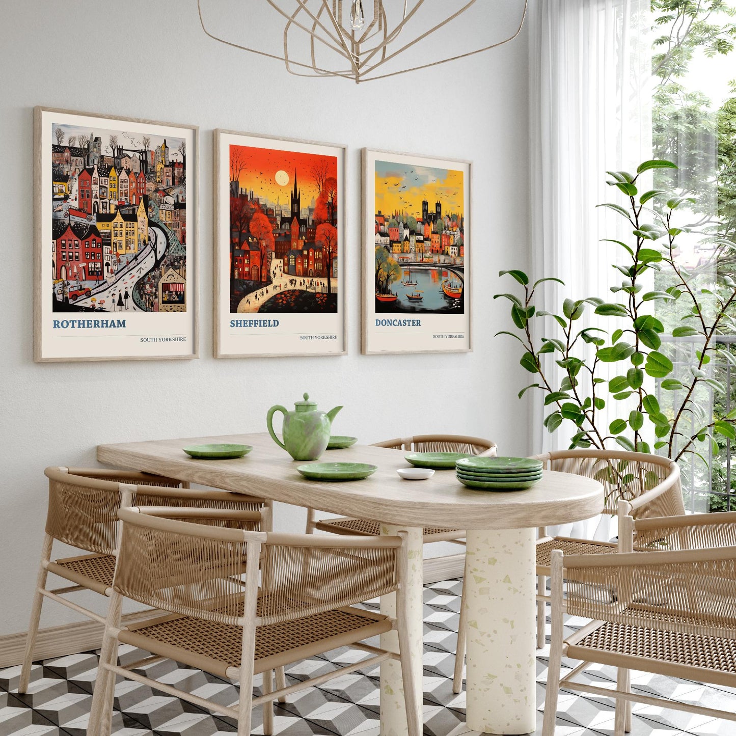 South Yorkshire Set of Three Art Prints - 3 Rotherham Sheffield Doncaster Posters - Naive Folk Art Town Illustration Wall Art