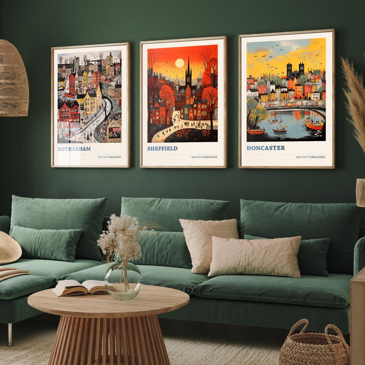 South Yorkshire Set of Three Art Prints - 3 Rotherham Sheffield Doncaster Posters - Naive Folk Art Town Illustration Wall Art