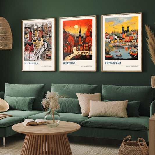 South Yorkshire Set of Three Art Prints - 3 Rotherham Sheffield Doncaster Posters - Naive Folk Art Town Illustration Wall Art