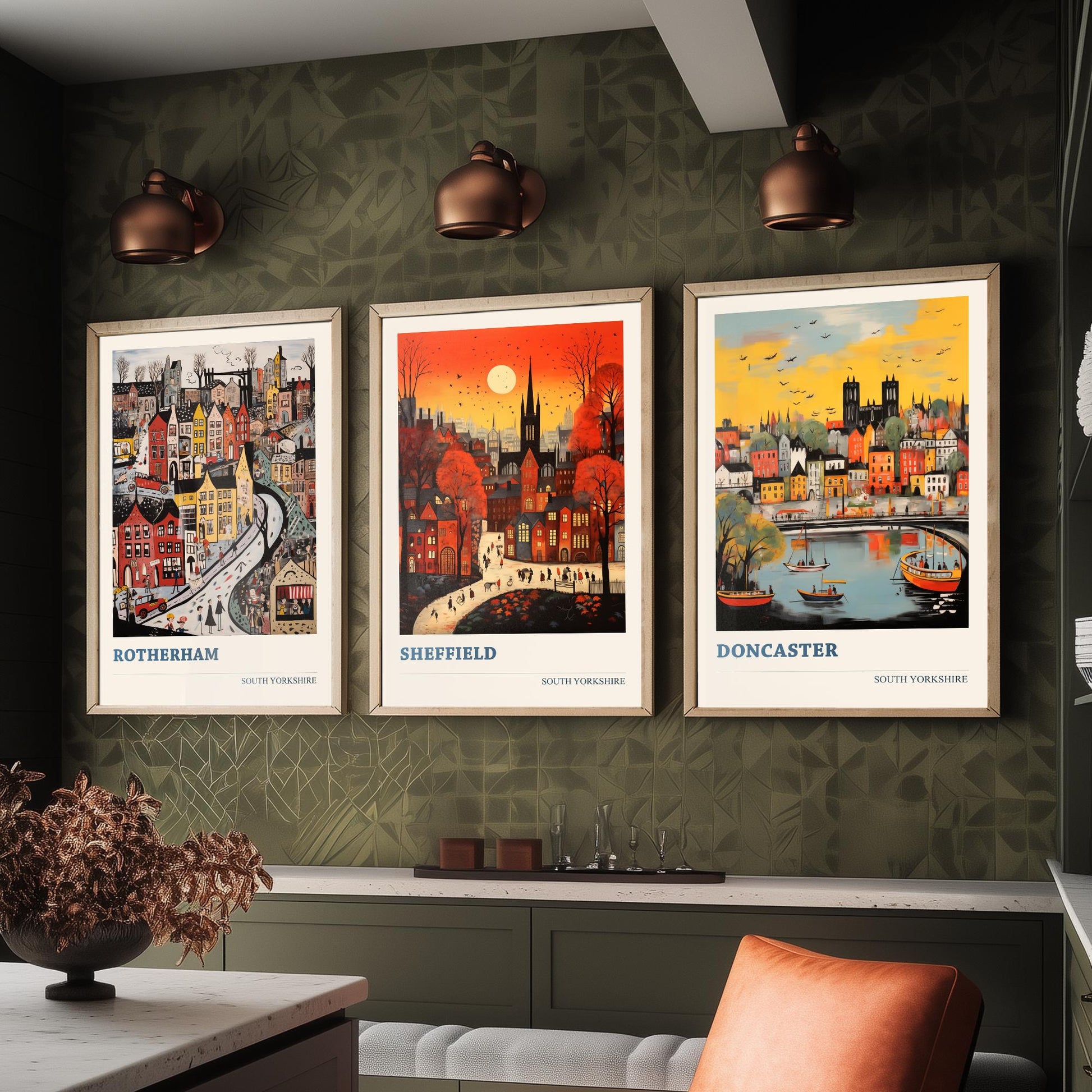 South Yorkshire Set of Three Art Prints - 3 Rotherham Sheffield Doncaster Posters - Naive Folk Art Town Illustration Wall Art