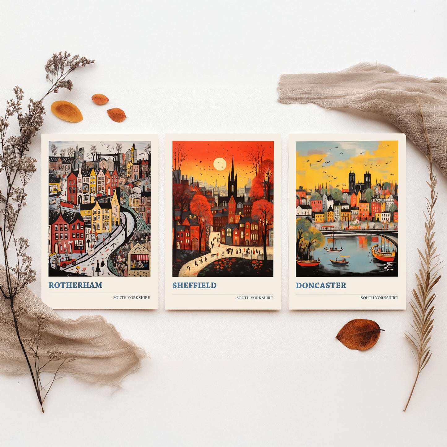 South Yorkshire Set of Three Art Prints - 3 Rotherham Sheffield Doncaster Posters - Naive Folk Art Town Illustration Wall Art