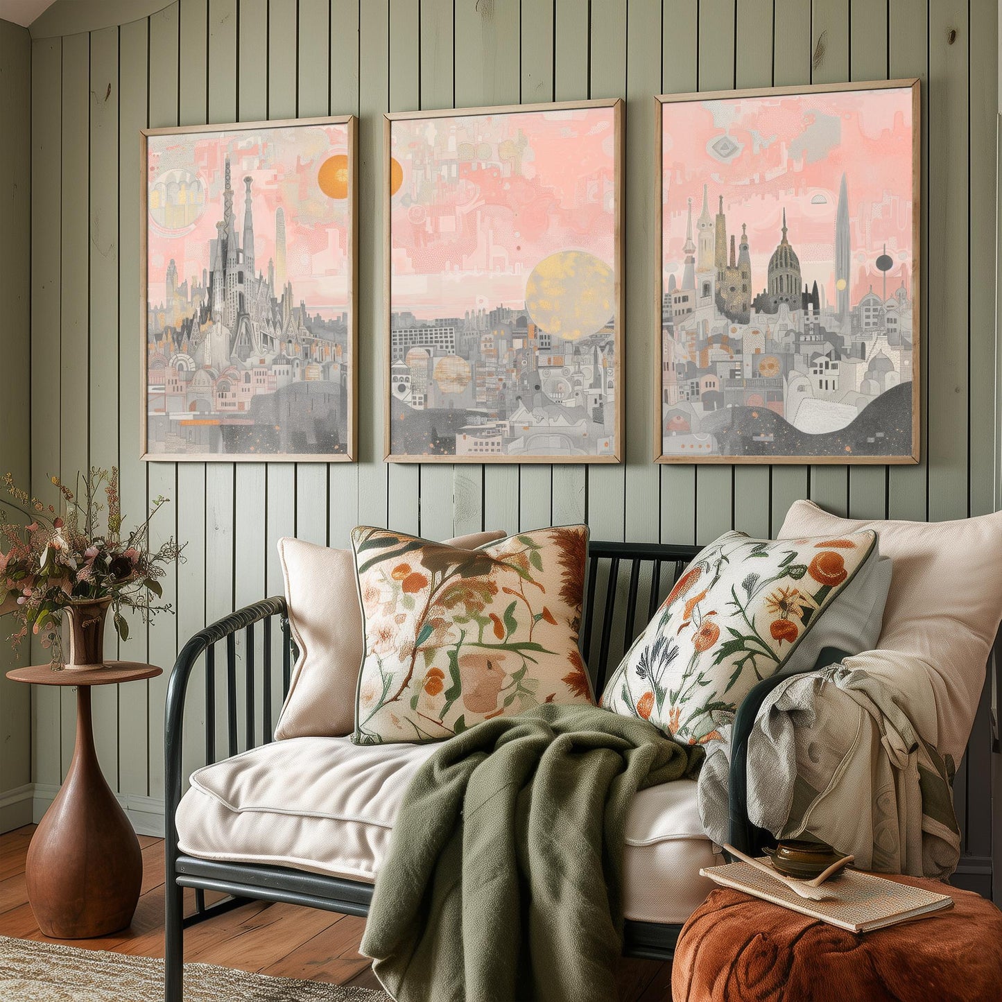 Barcelona Skyline Set of Three Art Prints - 3 Sagrada Familia Spain City Posters - Pink Grey Cityscape Illustration Wall Art