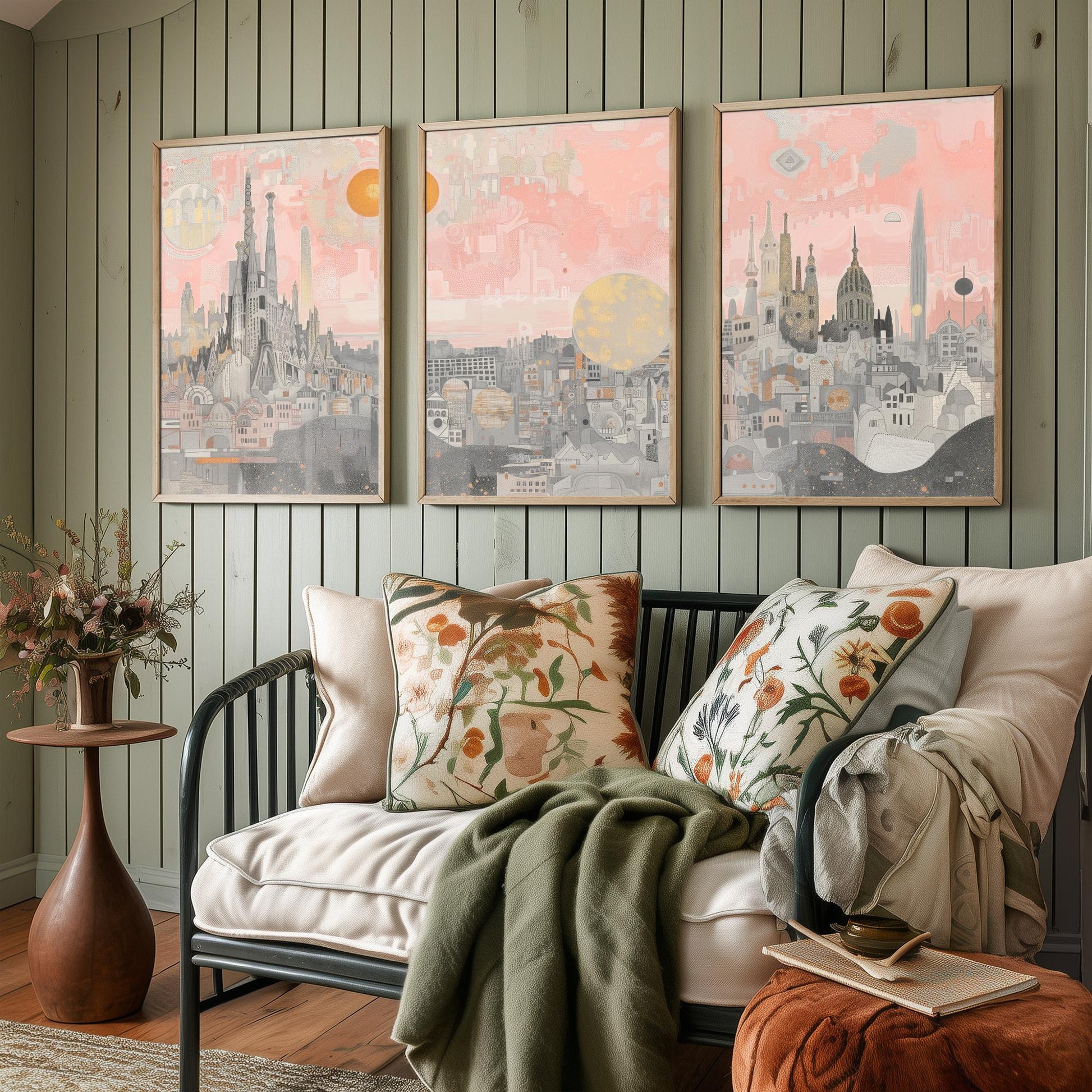 Barcelona Skyline Set of Three Art Prints - 3 Sagrada Familia Spain City Posters - Pink Grey Cityscape Illustration Wall Art