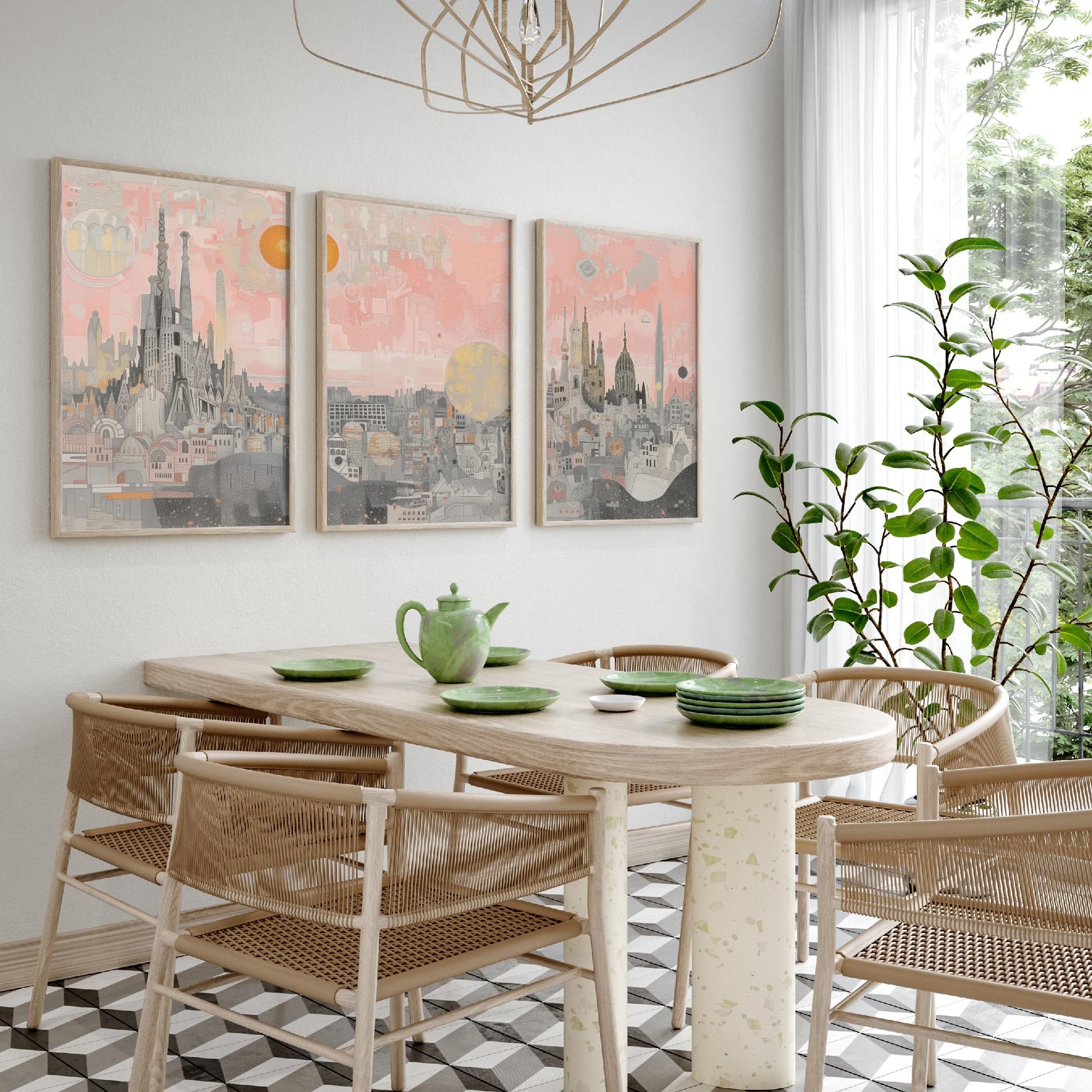 Barcelona Skyline Set of Three Art Prints - 3 Sagrada Familia Spain City Posters - Pink Grey Cityscape Illustration Wall Art